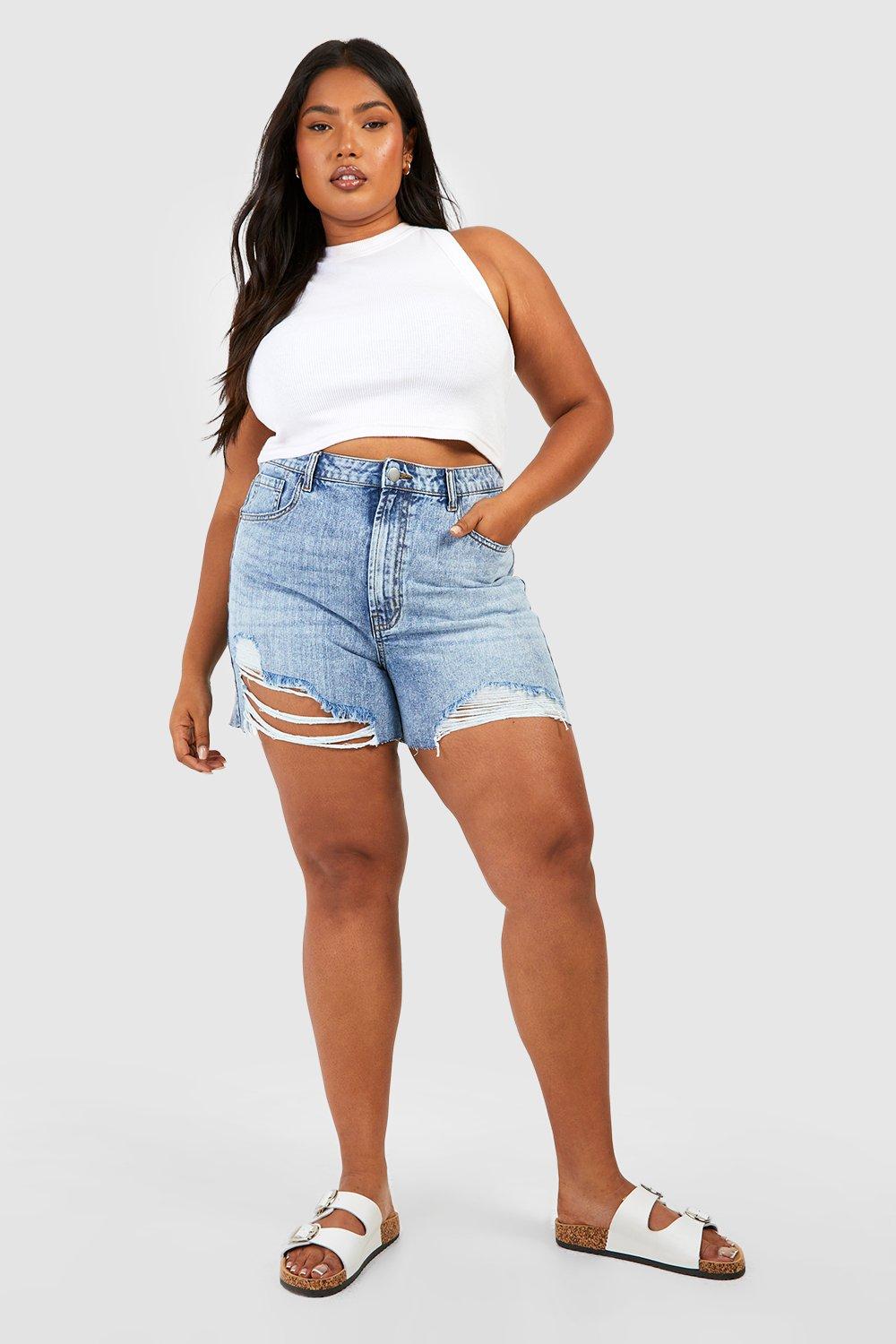 Plus Denim Shredded Mom Shorts